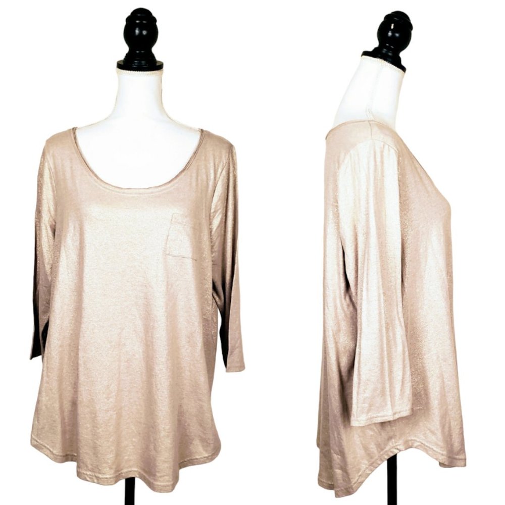 LANE BRYANT Top, Gold Shimmery Cotton Long Sleeve Pocket Casual Stretch, 14/16